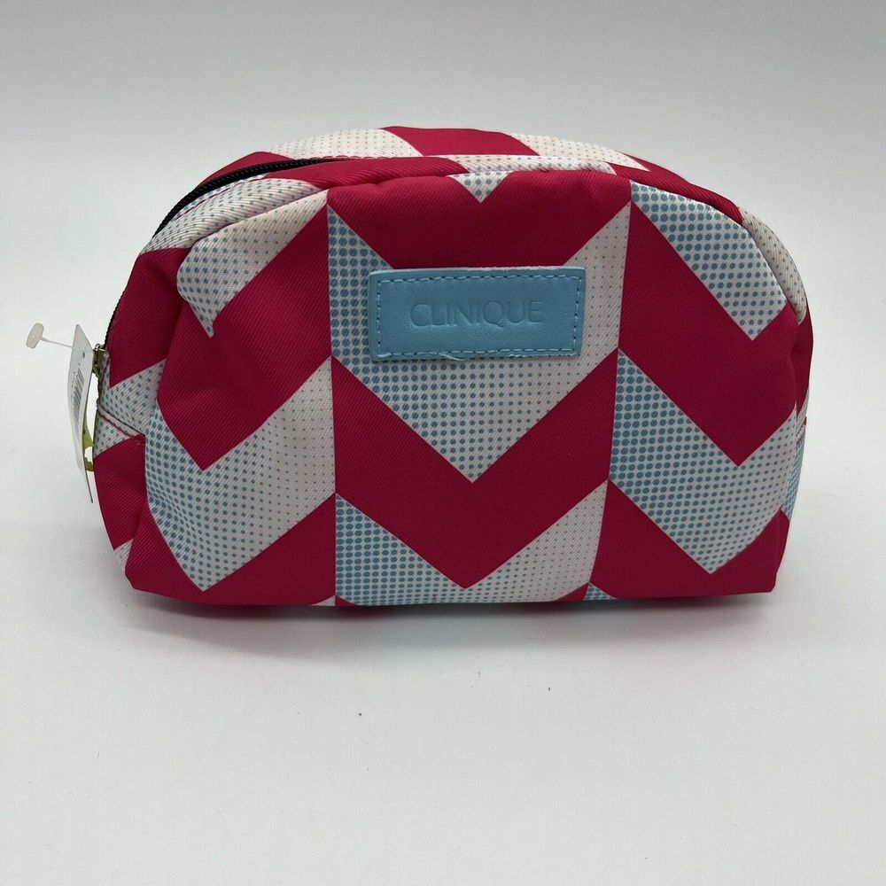 Clinique Make Up Bag Cosmetics Pink‎ & Blue Chevron New Flawed